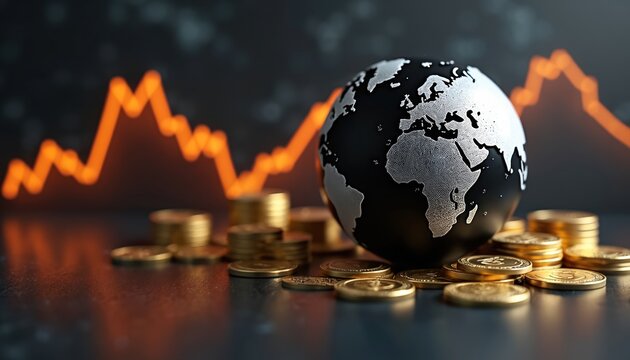 World globe sits on stacks of gold coins. Orange financial graph shows market growth data in background. Concept for global economy and investment.