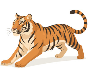 Obraz premium A cartoon illustration of a powerful orange tiger with black stripes in a stalking pose, ready to pounce. Tiger vector illustration.