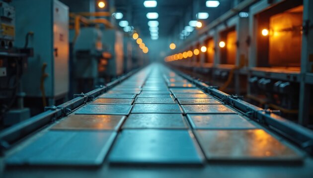 Ceramic tiles move along industrial conveyor belt in dimly lit factory. Automated machinery processes through heated ovens, indicating modern manufacturing line. Shows efficient production of