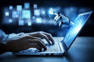 Obraz premium Artificial intelligence streamlines the website design process, from layout to coding. AI tools help create an optimal user experience, enhancing modern website design and functionality. Entice