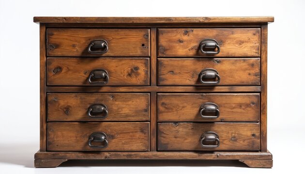 Old wooden filing cabinet with eight drawers. Each drawer has a dark metal ring pull handle. The cabinet shows natural wood grain and knots. It sits on a simple wooden base.