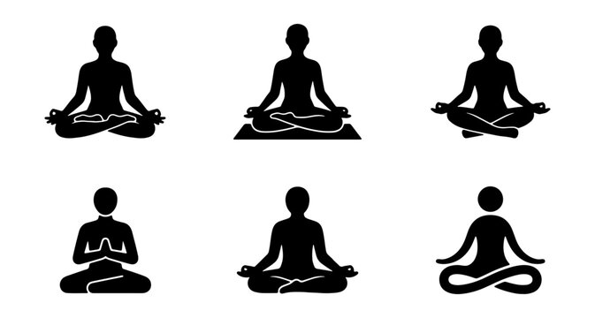 Yoga Poses Silhouettes, Meditation Icons, Zen Figures, Mindfulness Vector Set