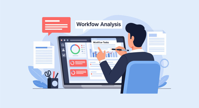 Business analyst professional reviewing complex financial reports, data charts, and spreadsheets on a desk in a modern office environment, focus on productivity and corporate planning.
