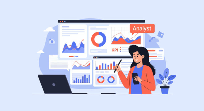 Business intelligence dashboard with various data visualization elements including bar charts, line graphs, pie charts, and KPI metrics for corporate data analysis and reporting.