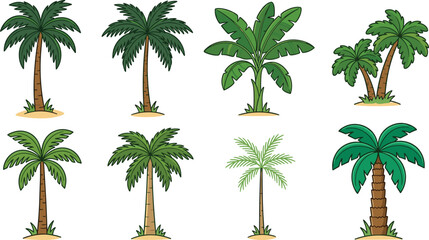 Set of Tropical Palm Tree Vector Icons with Sand Bases Including Coconut and Banana Trees for Summer Beach Vacations Exotic Travel Tourism and Paradise Island Nature Designs © Fahim