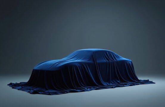 Dark blue velvet cloth covers new automobile on stand. Vehicle hidden for unveiling event or auto show reveal. Luxury car presentation concept.