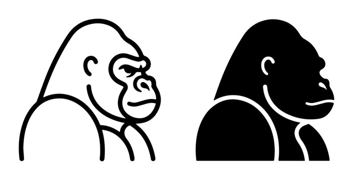 Gorilla Head Icons, Primate Silhouette Vector Art, Powerful Ape Profile Graphics, Wild Animal Symbol Collection