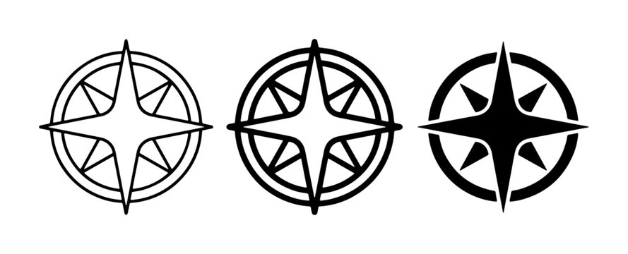 Compass Rose Icons, Navigation Symbols, Nautical Star Designs, Wind Rose Graphics, Directional Markers, Set of 3 Vector Illustrations