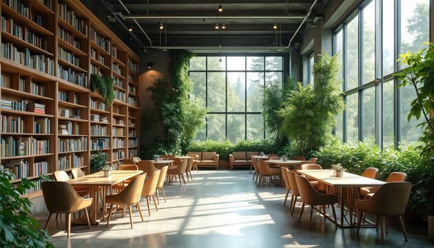 Modern library interior combines industrial design with abundant plants. Large windows offer forest views. Comfortable seating areas invite reading, work, or relaxation in a bright, airy space.