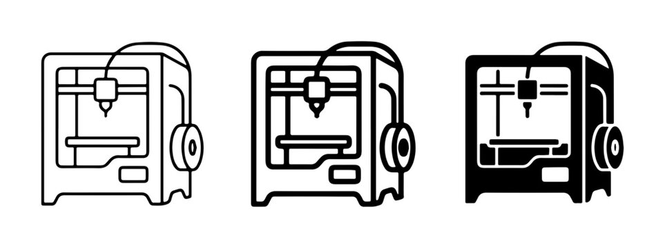3D Printer Icons Set, Additive Manufacturing Technology, Digital Fabrication Equipment, Modern Prototyping Tools, Vector Illustrations