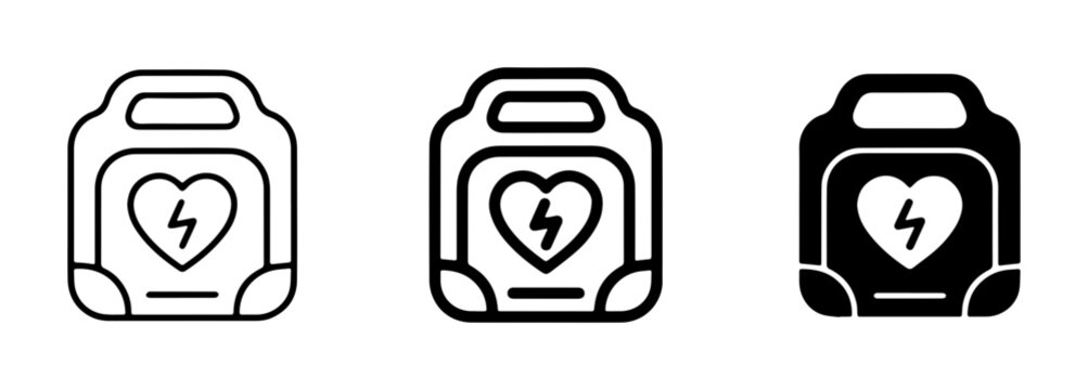 Automated External Defibrillator (AED) Icons, Cardiac Emergency Medical Device Vector Symbols, Heart Health and Life Support Graphics