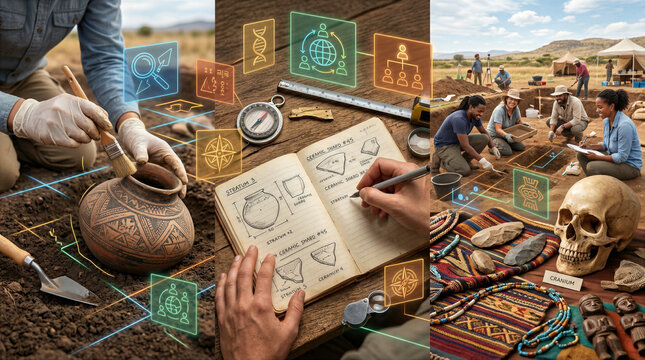 Archaeologist Brushing Ancient Amid Digital Holograms