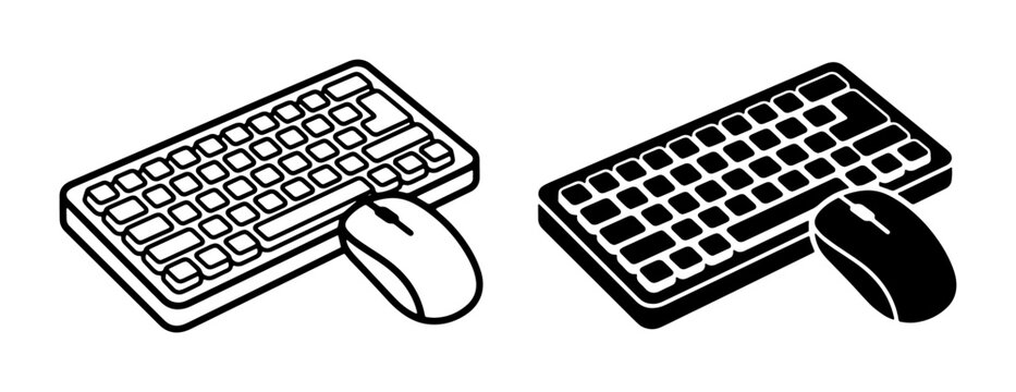 Computer Keyboard and Mouse Icons, Set of Two, Black and White, Vector Graphics for Technology and Office Concepts