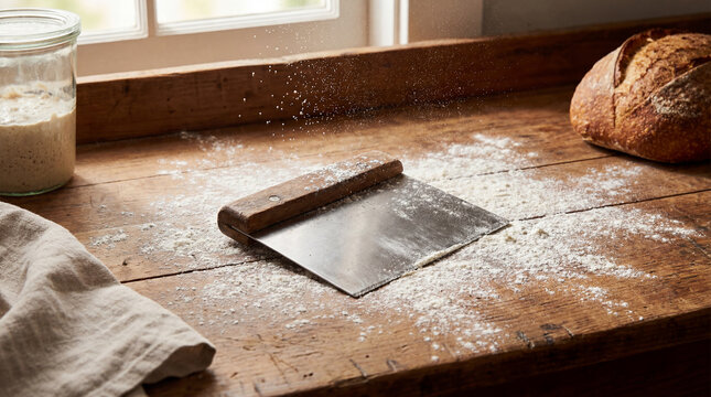 World Baking Day dough scraper bench knife flour rustic artisan kitchen tools celebration greeting card poster banner social media design
