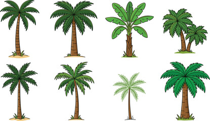 Fototapeta premium Collection of Tropical Palm Tree Vector Icons with Textured Details for Summer Vacation Beach Party Travel Tourism Exotic Island Paradise and Coastal Nature Designs