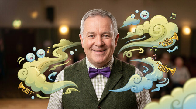 Cheerful Music Maestro with Swirling Trumpet Clouds