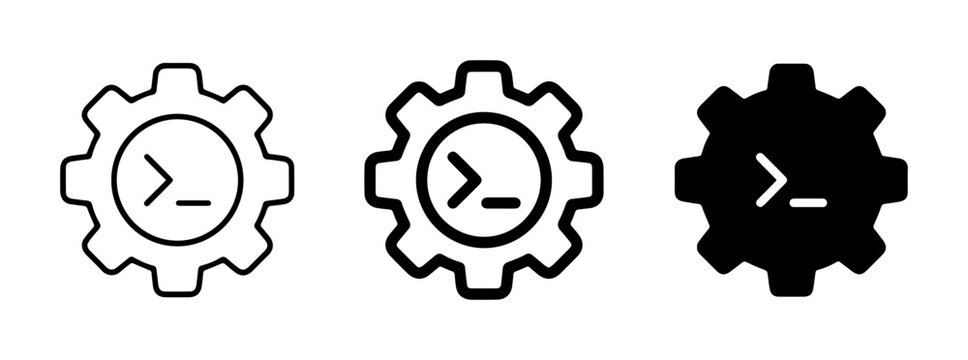 Command Line Interface Gear Icons, Terminal Prompt Settings, Software Development Tools, Code Execution Symbols, System Configuration Vector Set
