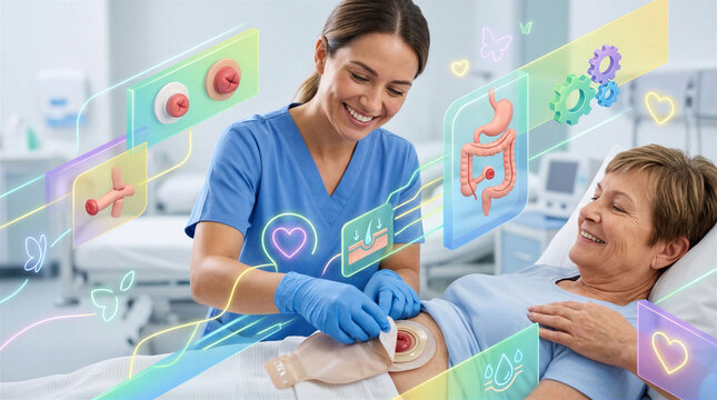 Nurse Changing Stoma Bag with Digital Health Floating Around Patient