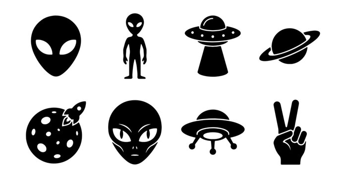 Alien Icons Set, UFO Spaceship Vector Graphics, Planet Symbols, Sci-Fi Collection