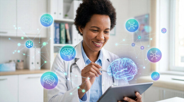 Doctor Interacting with Holographic Brain and Neural in Clinic