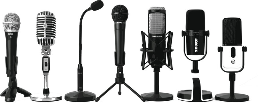 Professional Microphone Vector Icon Collection Featuring Vintage Studio Condenser Dynamic and Podium Mics for Podcasting Broadcasting Voice Recording and Live Music Performance Events