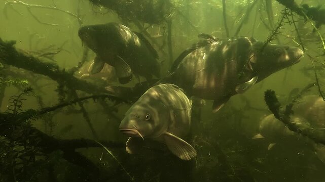 Three carp - Cyprinus carpio - hold still facing the camera before a branch cracking sound scares them, making all fish flee at the same time.