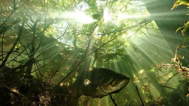 Low angle underwater view of a calm hidden largemouth bass - Micropterus salmoides - under sun rays filtering through branches near the surface.