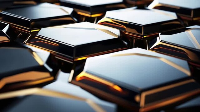 This clip showcases the reflections and details of hexagonal shapes arranged closely together. Light interacts with surfaces, creating interesting visuals.
