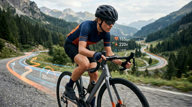 Cyclist Pedaling Mountain Road with Digital Performance