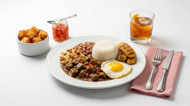 Picadinho de carne tradicional brasileiro servido com arroz, feij&atilde;o, ovo frito, banana da terra, farofa e coquetel rabo de galo em fundo branco
