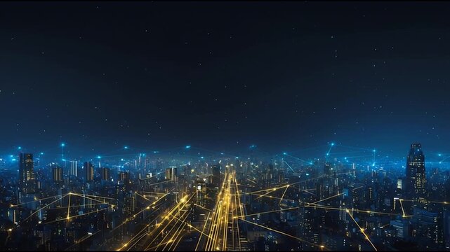 Smart city with connection network reciprocity over the cityscape social media networking systems that connects on the peak of success amid tall, innovative Smart city and graphs with statistics