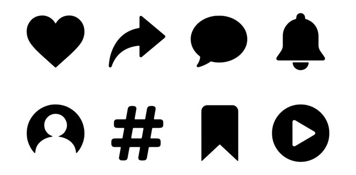 Social Media Icons Set: Like, Share, Comment, Notify, User, Hashtag, Bookmark, Play
