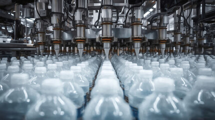 Obraz premium white plastic gallons or bottle on the production line of the conveyor at filling machine in the factory. selective focus. industrial and technology concept 
