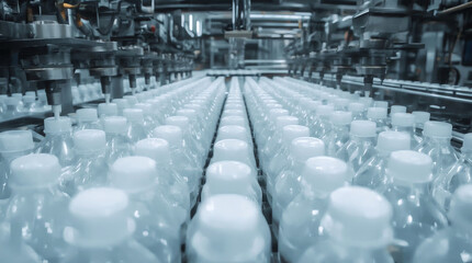 Obraz premium white plastic gallons or bottle on the production line of the conveyor at filling machine in the factory. selective focus. industrial and technology concept 