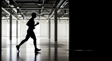 Fototapeta premium Silhouette of a man running indoors with bright light illuminating the space