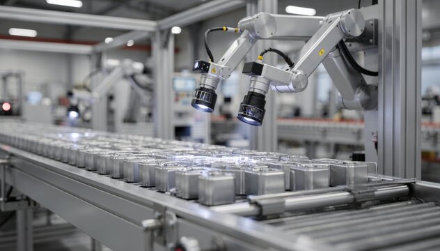Medium shot of AIdriven inspection station analyzing coating surfaces with advanced vision algorithms detecting imperfections for optimized product quality.