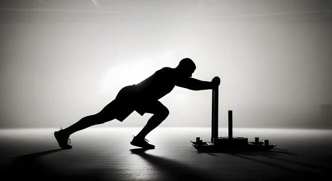 Athlete Silhouette Performing Heavy Sled Push Training
