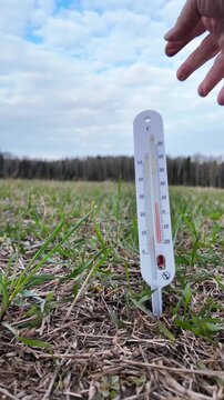 close-up, ground-level view of grass where a soil thermometer is already inserted into the earth. A hand places a pH meter into the soil for measurement. Scene represents agricultural testing