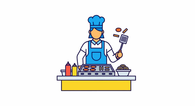 Chef Cooking Food on Grill with Spatula, Flat Illustration