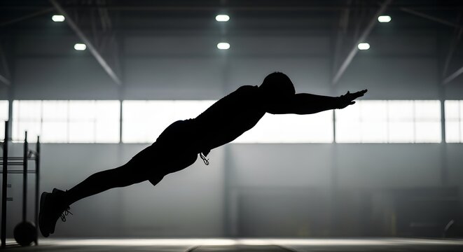 Athlete Silhouette Performing Broad Jump Training in Dim Gym
