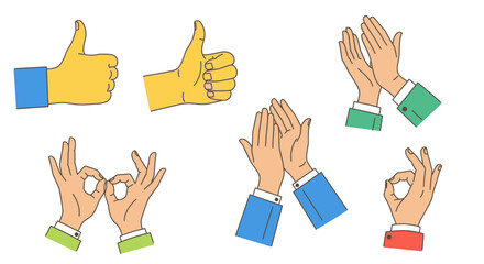 Obraz premium Hand Gesture Illustration Set with Thumbs Up, Clapping Hands, and OK Signs for Business Communication and Social Media Feedback