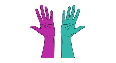 Fototapeta premium Minimalist Vector Illustration of Two Colorful Hands in Purple and Teal, Open Palms Raised for Unity, Diversity, and Community Concept, Isolated on White Background