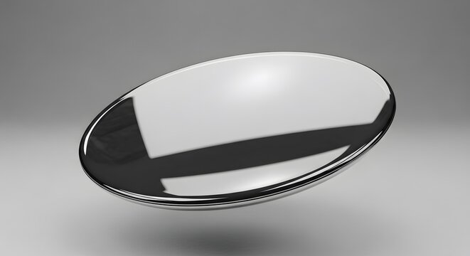Highly Reflective Glossy Dark Silver Oval Dish Floating and Tilted on Grey Background for Abstract Display