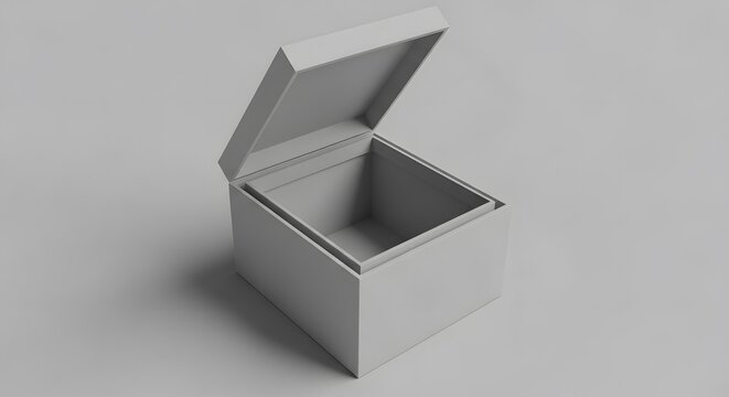 Open Empty White Square Gift Box with Raised Lid on Light Grey Background for Product Packaging Mockup
