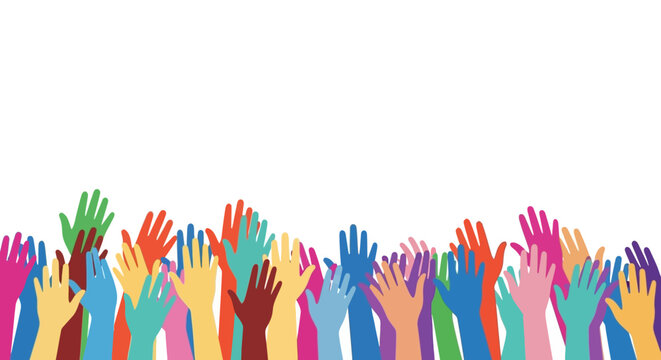 Diverse Colorful Hands Raised for Unity, Community, and Inclusion Concept - Multicolored Illustration on White Background