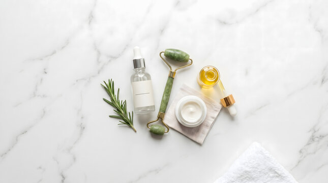 Skincare products on white marble surface