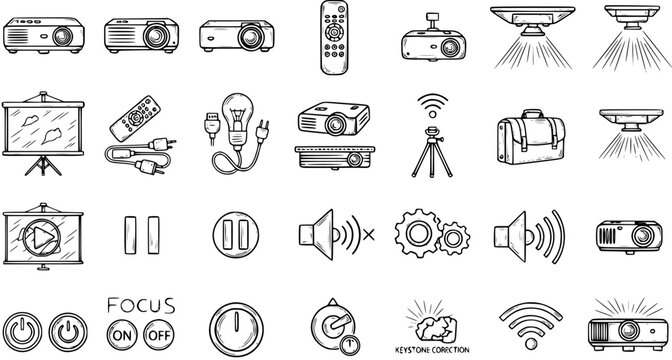 Projector Icon Set: Vector Illustration with Projectors, Screens, Remote, Cables, and Accessories