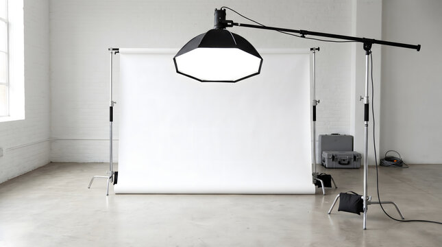 Photography studio with softbox light and white backdrop