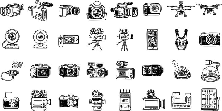 Hand Drawn Camera and Video Recorder Icon Set. Sketchy Outline Doodles of Photography, Filmmaking, Surveillance, Action Cam, Drone, Webcam, and Retro Device Collection.