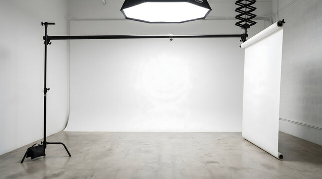 Empty photography studio with white backdrop and lighting equipment